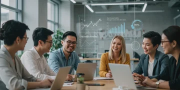 Diverse employees discussing 2025 benefits updates in a modern office