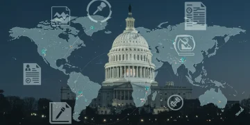Global trade routes converging with regulatory symbols and legal documents