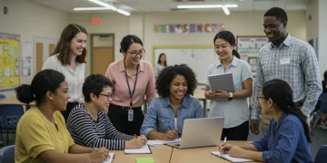Diverse teachers collaborating in a modern school setting, representing innovative recruitment