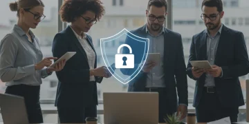 Employees reviewing digital security measures at work