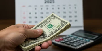 Hand holding money with 2025 calendar and calculator, symbolizing HSA savings