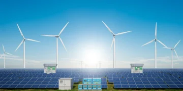 Solar panels and wind turbines symbolizing renewable energy growth