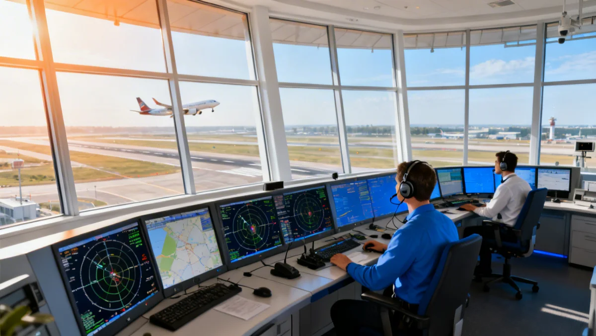 Air traffic control tower overseeing airport operations and flight safety.