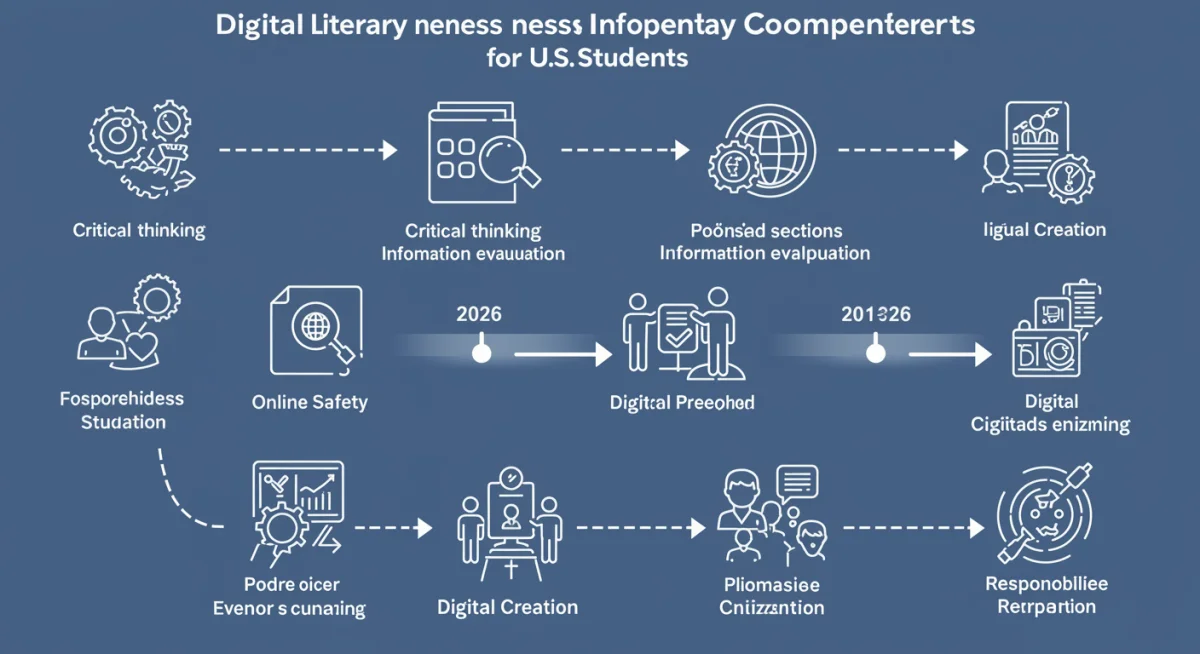 Infographic showing essential digital literacy skills for US students, including online safety and critical thinking, for 2026 curriculum.