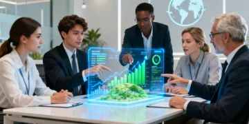 Investors analyzing ESG data on a holographic display, discussing sustainable portfolio strategies for 2026.