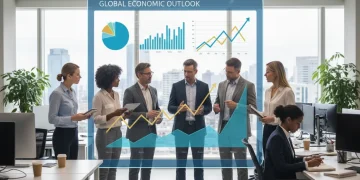 Professionals analyzing labor market data and unemployment rate projections in a modern office.