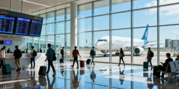 Modern airport terminal with travelers and airplanes, symbolizing new FAA air travel regulations.