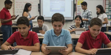 US students engaged in digital learning activities in a modern classroom by 2026, showcasing digital literacy skills.