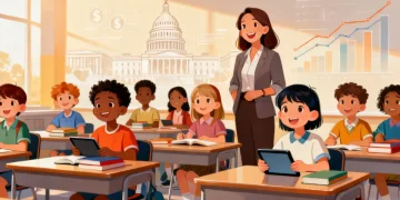 Diverse students and teachers in modern classroom, federal funding impact