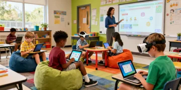 Students engaged in personalized learning with various technologies in a modern US classroom.