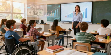Students and teacher in a modern special education classroom, symbolizing effective funding utilization.