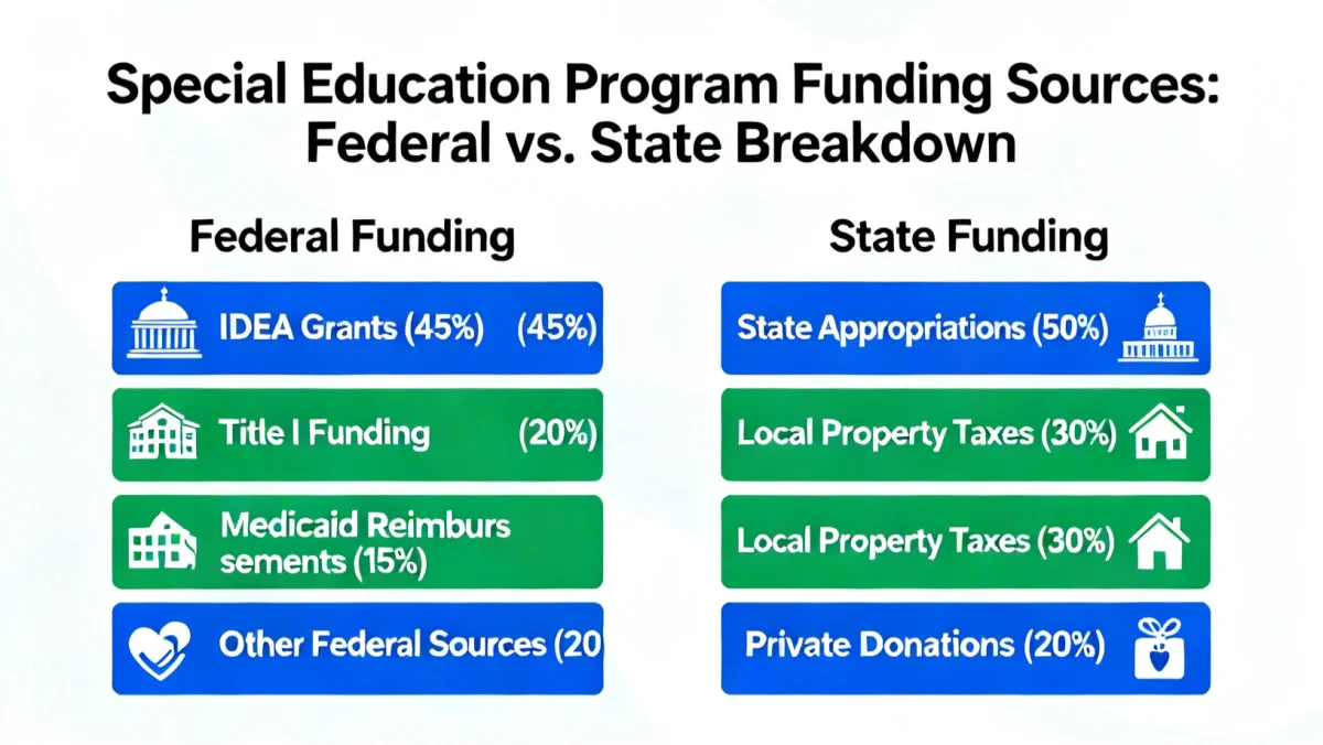 Infographic detailing federal and state special education funding sources and their distribution.