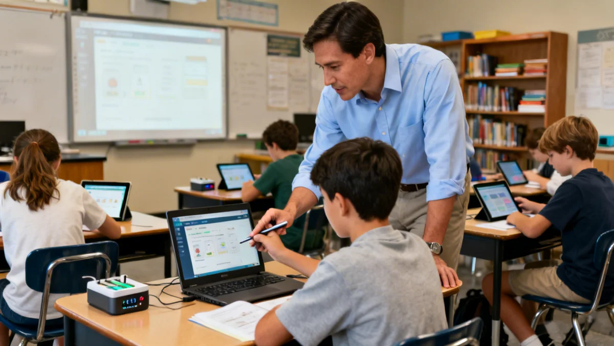 Teacher guiding student on an adaptive learning platform in a blended classroom.