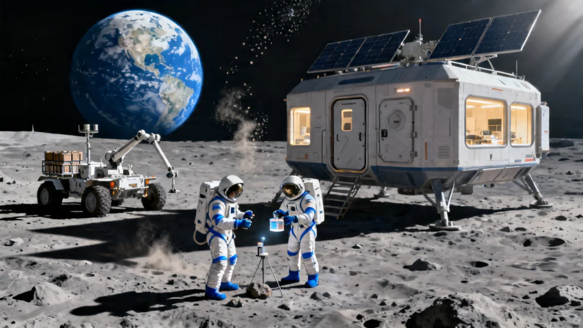 Lunar habitat module with astronauts and advanced vehicles on the Moon's surface.