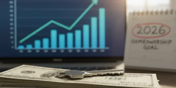 House key on dollar bills with 2026 calendar and financial graph