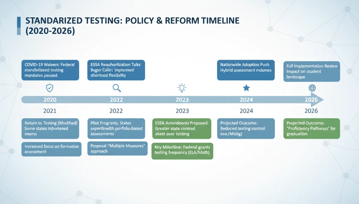 Timeline of standardized testing policy reforms and trends in US education, highlighting key developments towards 2026.