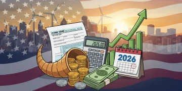 Illustration of financial elements, tax forms, and calendar for 2026, representing the CARES Act 2.0's financial impact.