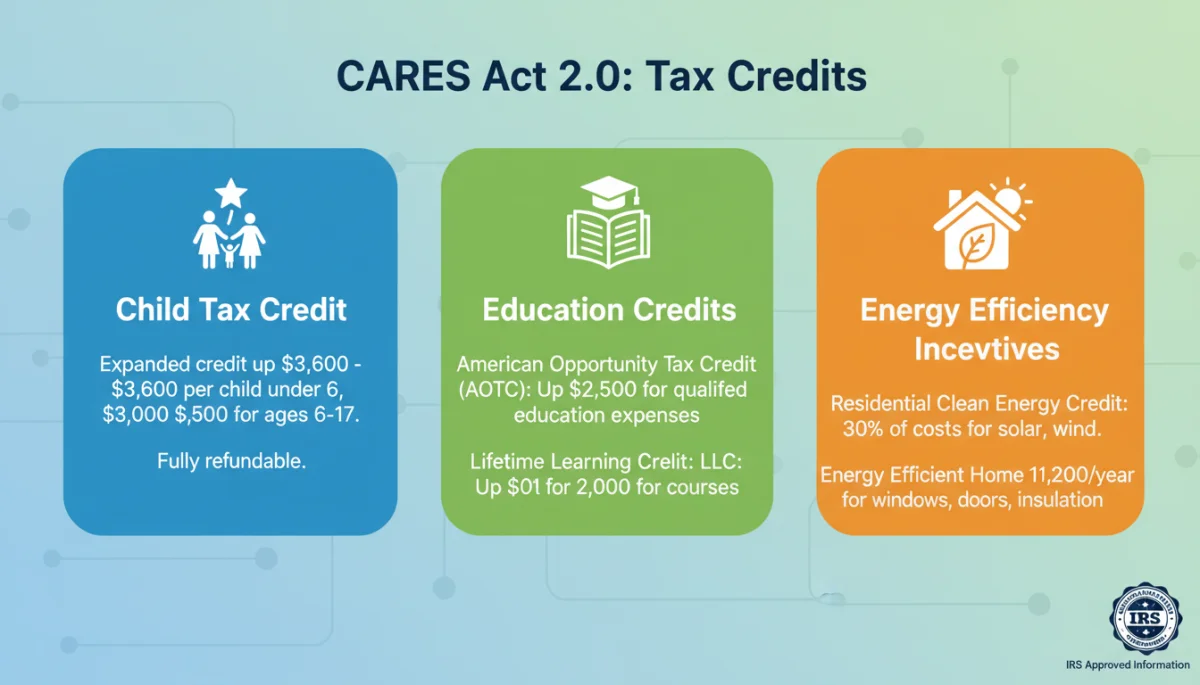 Infographic detailing various tax credit types, including child tax credit, education, and energy efficiency, under CARES Act 2.0.