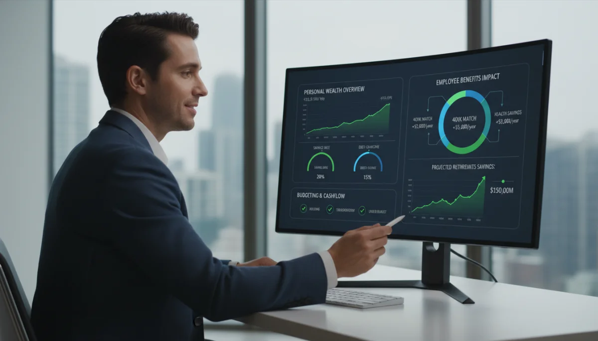 Individual analyzing personal finances and savings with digital tools, highlighting the impact of strategic employee benefits.