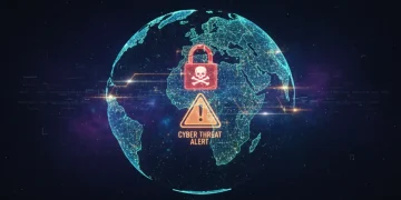 Digital globe showing global cyber threat landscape with security icons