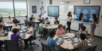 Students using AI learning tools in a modern K-12 classroom, actively engaged with technology.