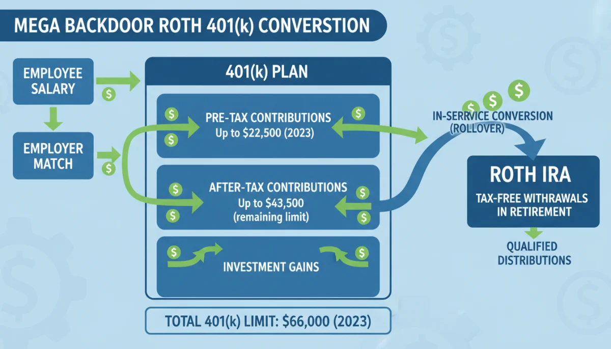 Illustrative infographic of mega backdoor Roth 401(k) conversion process