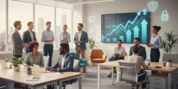 Employees discussing modern financial wellness and innovative benefits in a contemporary office setting.