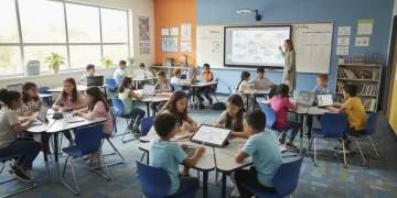 Students using education technology in a modern US classroom.