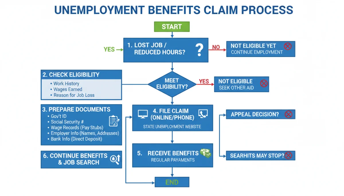 Flowchart detailing unemployment benefits application steps.