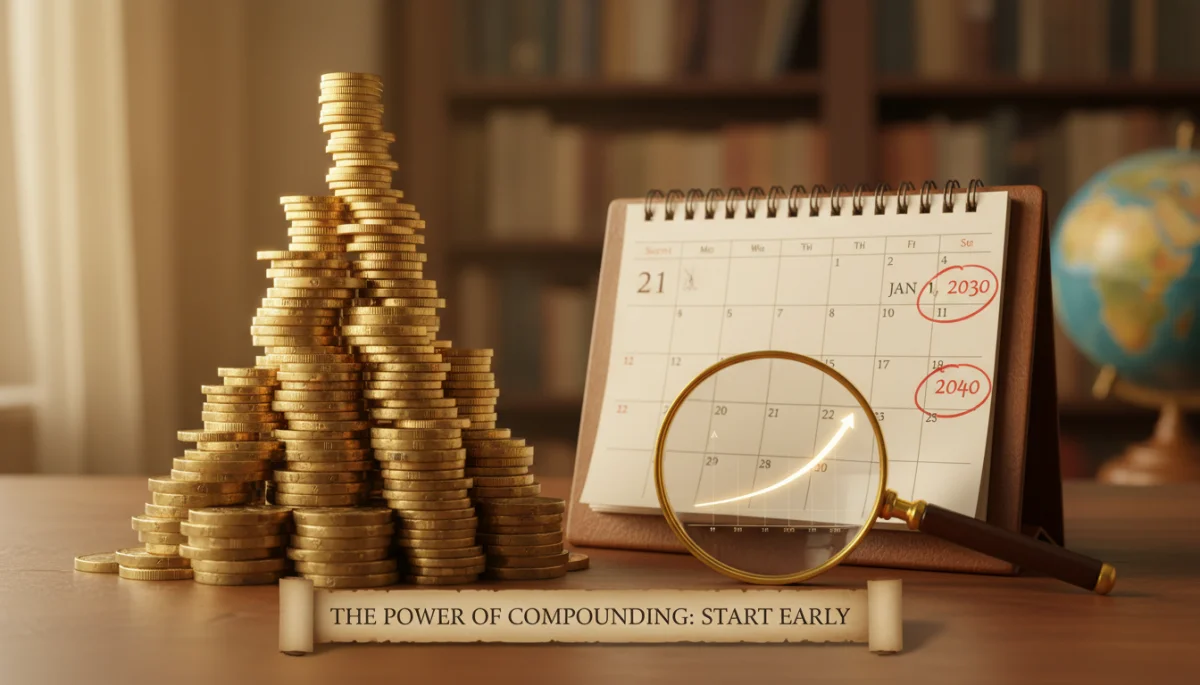 Compounding interest growth over time with coins