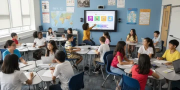 Diverse students engaged in a vibrant US classroom learning experience