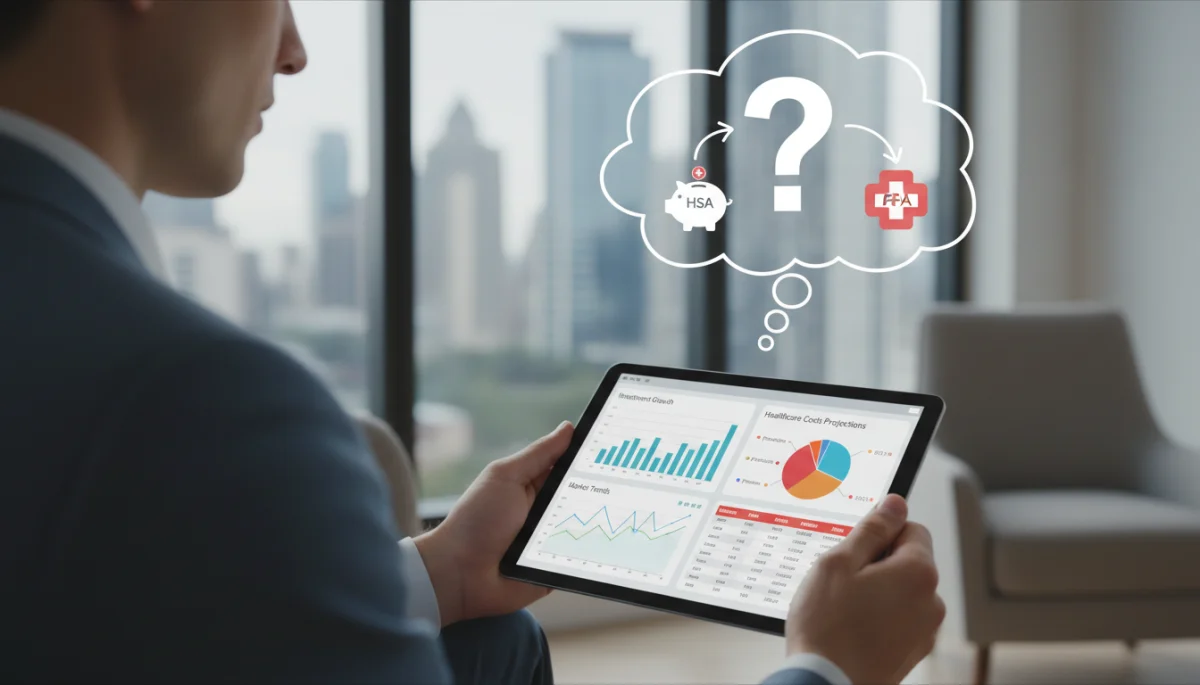 Individual analyzing financial projections for HSA or FSA healthcare decisions.