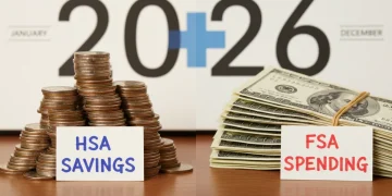 HSA vs FSA 2026 financial comparison, coins and bills with calendar.