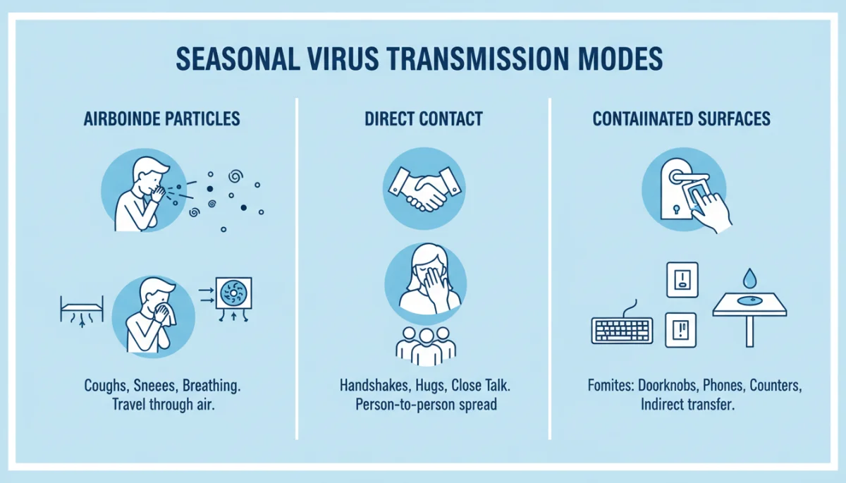 Infographic showing various modes of seasonal virus transmission and prevention methods.