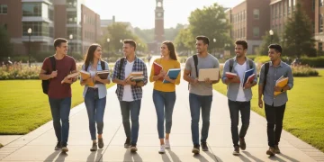 Smiling diverse students walking on a college campus, symbolizing successful scholarship applications.